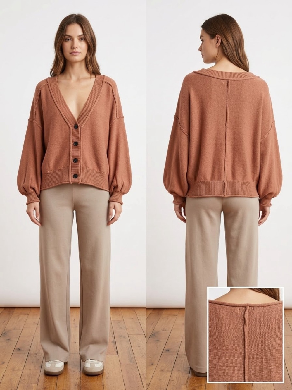 POL Rust-Brown Oversized V-Neck Button Cardigan